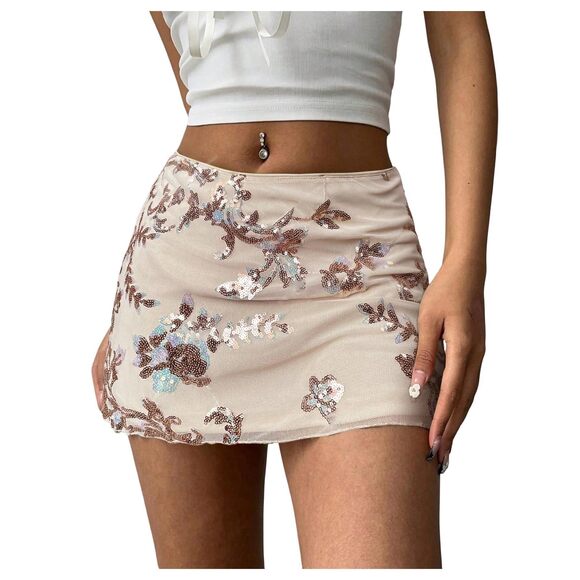 Dresses & Skirts - 3308 Sequin Skirt Summer Floral Mesh Glitter Sparkly Mini Skirt Apricot